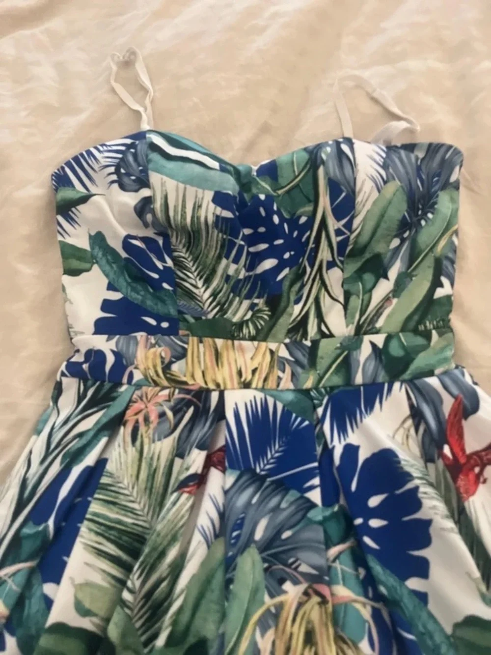 Tropical Print Strapless Kids Dress in Green and Blue - Picture 2 of 7